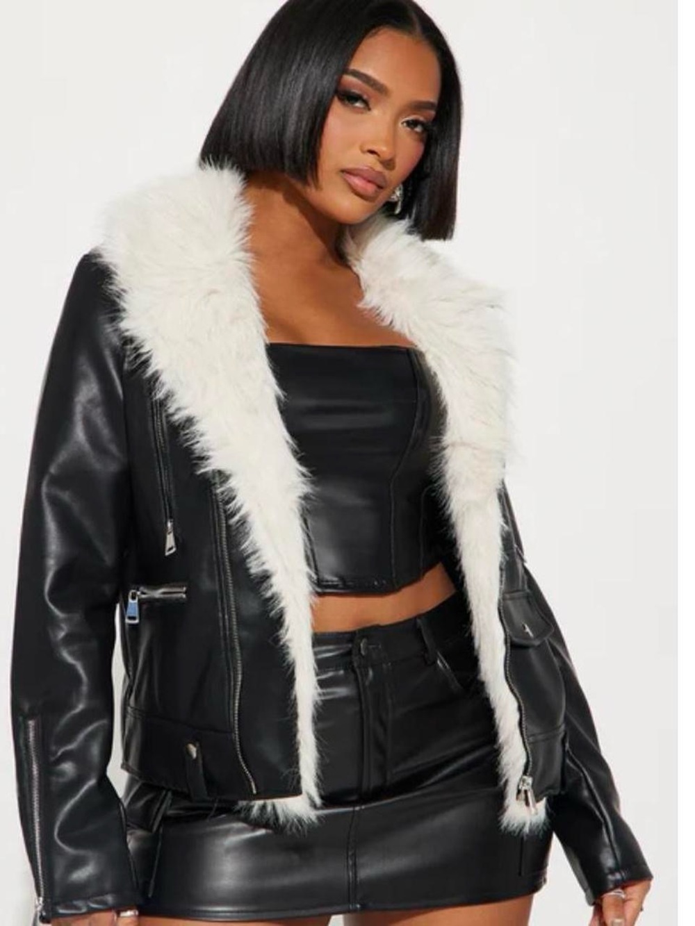 Fashion Nova Black Faux Leather Jacket with White Faux Fur Trim
